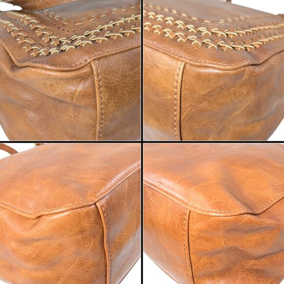 Madison West Brown Leather Double Woven Whipstitch Large Boho Western Tote - Picture 6 of 9